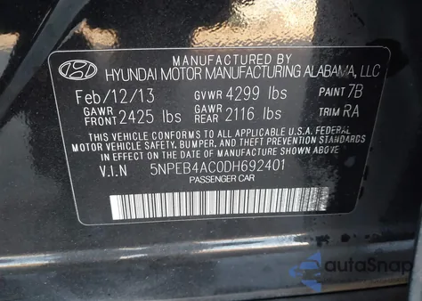 2013 Hyundai Sonata Gls z USA, uszkodzony, nr VIN 5NPEB4AC0DH692401